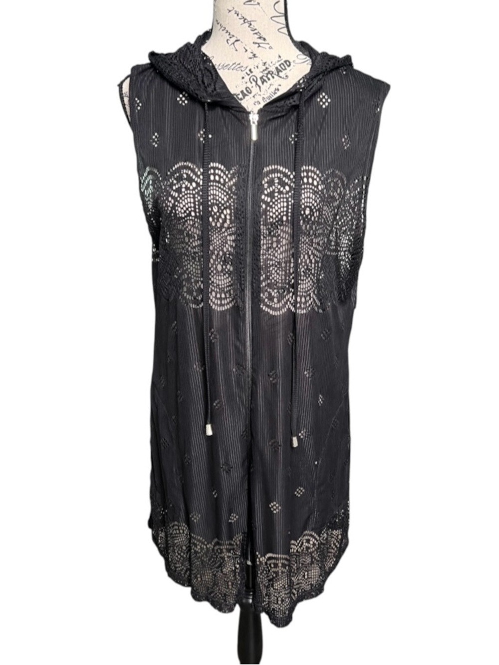 Sleeveless Swim Cover-up Hooded Zip-Front Black Laser